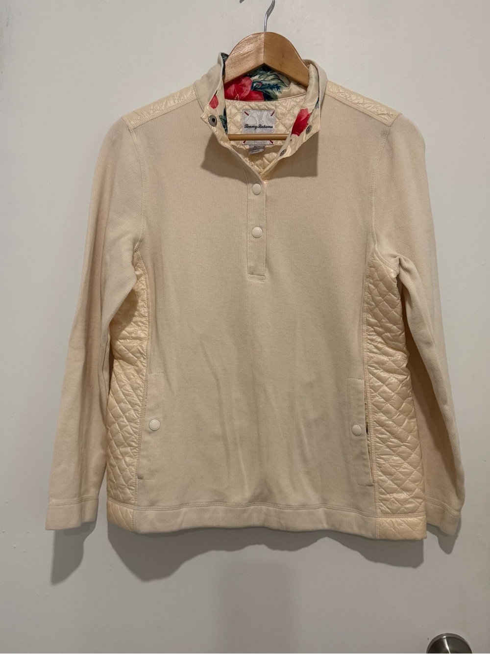 Tommy Bahama Women’s M Cream Quilted Panel Quarter Snap Pullover Floral Lining